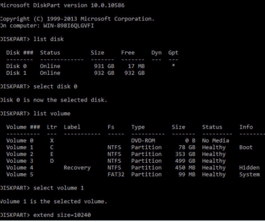 diskpart extend partition