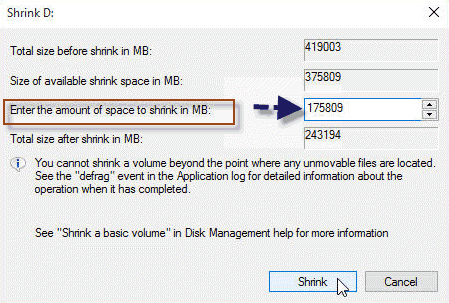 increase shrink space windows 10