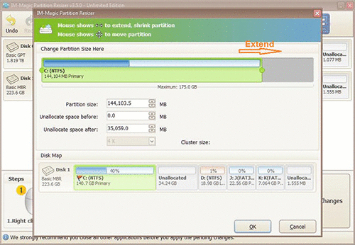 Steps to resize partitions in Windows server