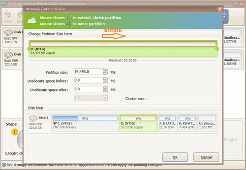 Shrink D drive and extend C drive with IM-Magic Partition Resizer